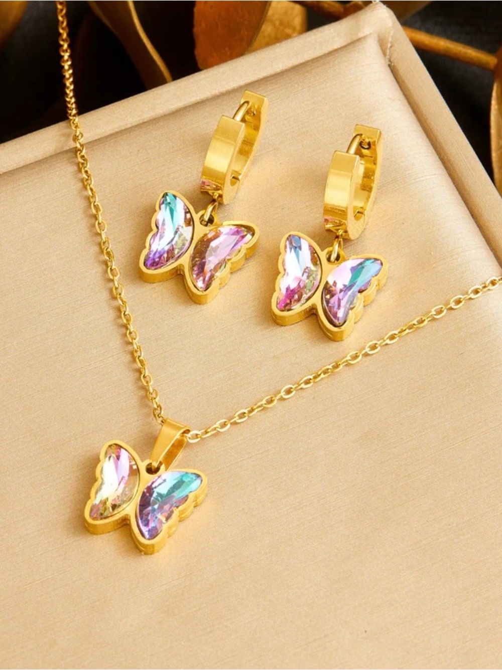Gold Butterfly Pendant Necklace and Earrings Set with Iridescent Crystals - NWOT